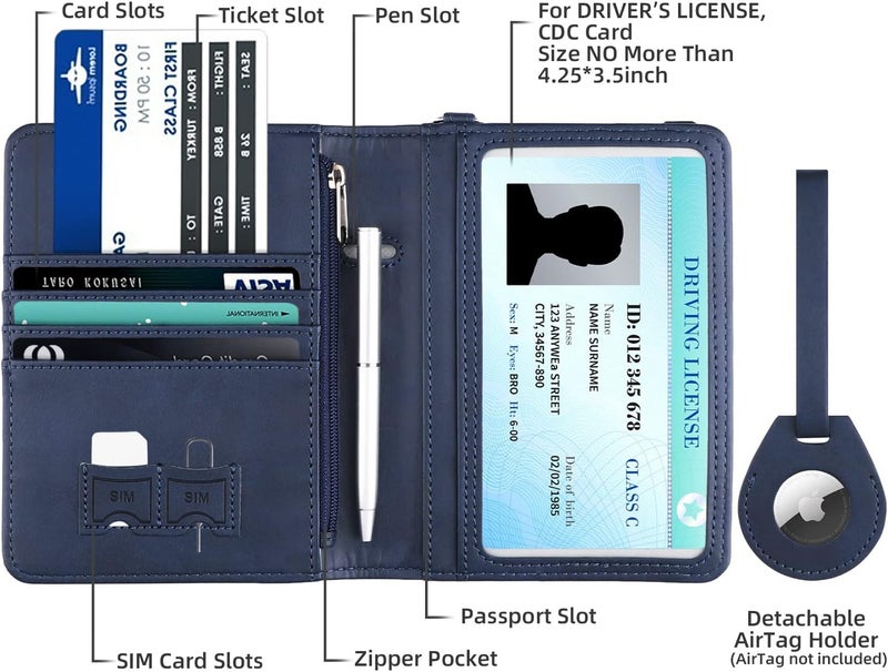 WALNEW AirTag Passport Holder, PU Leather Airtag Wallet RFID Blocking Passport Cover Travel Essentials Case for Women Men (Navy Blue) - Image 2